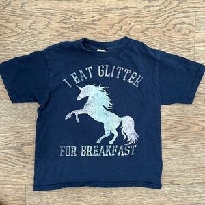 I Eat Glitter ✨ for Breakfast Navy Blue Shirt Tee T- Shirt kids Unicorn Small